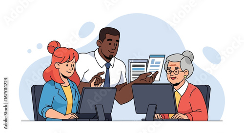 Professional mentor assists diverse colleagues with computer work, fostering teamwork and digital education in an office environment. Intergenerational learning.