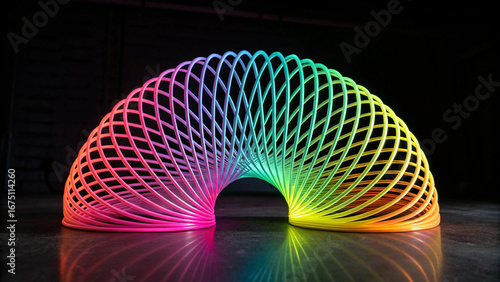 Rainbow Colored Slinky Toy Forming an Arch on Reflective Surface colors spectrum
