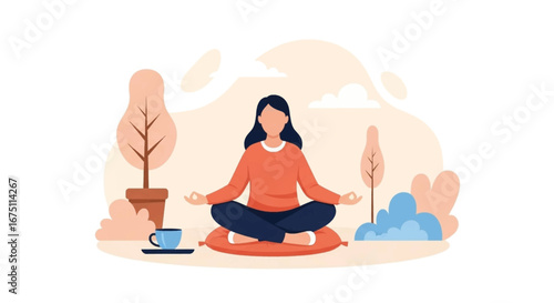 Woman meditating outdoors for mental well-being and stress relief. Perfect for concepts of mindfulness, relaxation, self-care, and balanced lifestyle.