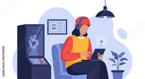 Relaxed person in headphones using a tablet or laptop at home. Modern flat illustration depicting leisure, online entertainment, and digital lifestyle.