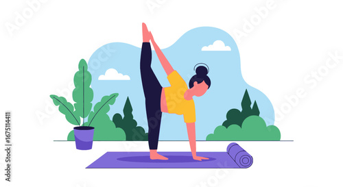 Woman practicing yoga outdoors in a park setting, showcasing flexibility and wellness. Ideal for health, fitness, and mindful lifestyle content.