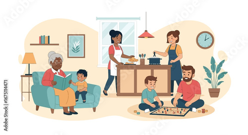 Joyful multi-generational family scene at home: reading, cooking, and playing board games. Captures warmth and togetherness.
