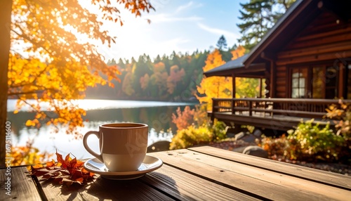 Autumnal lakefront cabin scene with coffee
