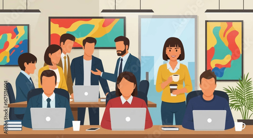 Diverse business professionals collaborating and working on laptops in a modern office. Highlights teamwork, productivity, and corporate success.