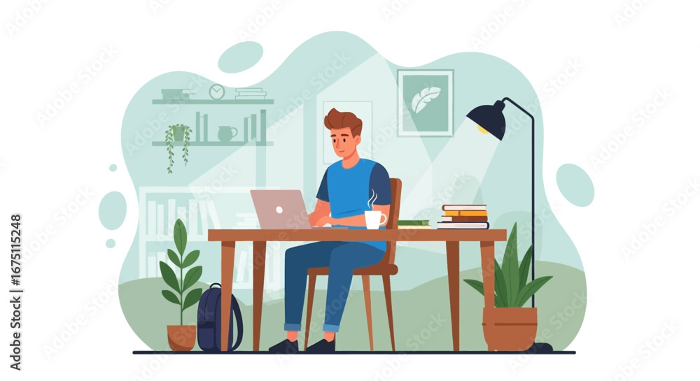 Fototapeta premium Young man engaged in remote work or online study at a home office desk, using a laptop and enjoying coffee. Ideal for modern business, education, and lifestyle themes.
