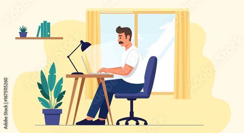 Man working diligently on laptop in a comfortable home office setup. Represents remote work, productivity, and modern business lifestyle.