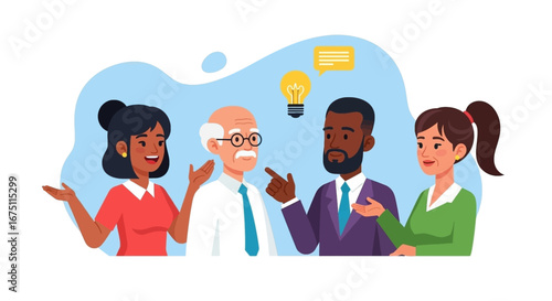 Diverse group of professionals collaborating, discussing, and brainstorming new ideas. Represents teamwork, communication, and innovation for business or educational concepts.