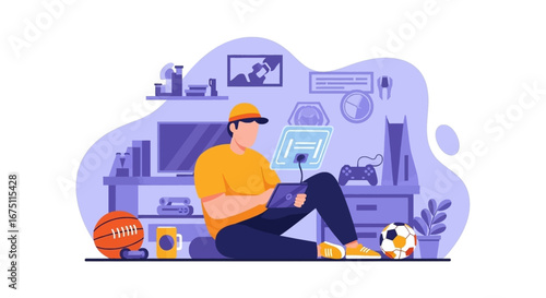 Young man sitting on the floor at home, using a digital tablet. Depicts modern lifestyle, leisure, and digital connectivity in a comfortable setting.