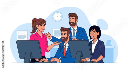 Diverse business team collaborating in a modern office environment, fostering teamwork and professional communication. Ideal for concepts of productivity and partnership.