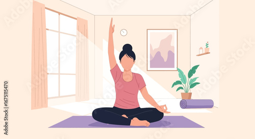 Woman practicing yoga in a serene home setting, finding peace and balance. Ideal for concepts of wellness, mindfulness, and healthy living.