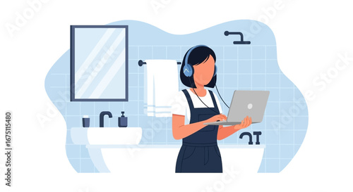 Young woman in headphones working remotely on a laptop from a modern bathroom, illustrating flexible work-life balance and productivity.