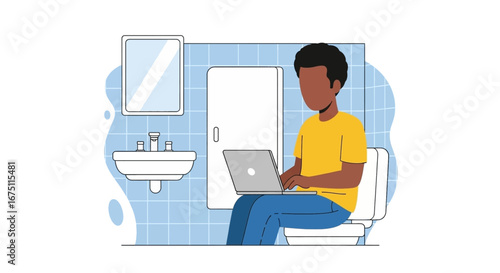 Illustration of a man using a laptop on a toilet, depicting remote work, multitasking, or a humorous and unconventional home office.
