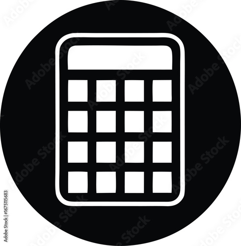 Simple calculator icon inside a black circle represents basic arithmetic and financial tools for digital platforms