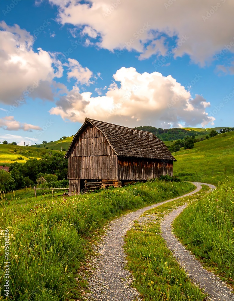 Obraz premium Rustic barn nestled in valley with winding path