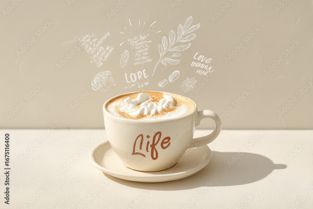 warm cup of coffee radiates joy and inspiration as uplifting phrases float in air