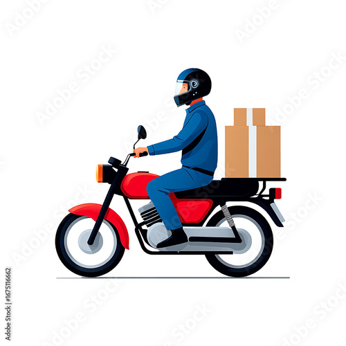 A male courier on a classic red motorcycle, with a package on the back, ready to make a delivery