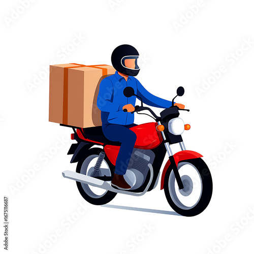 A male courier on a classic red motorcycle, with a package on the back, ready to make a delivery