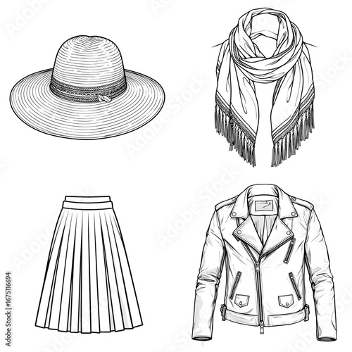 Hand-drawn vector set of fashionable clothing and accessories: pleated skirt, leather jacket, wide-brim hat, and scarf. Black and white outline illustration.