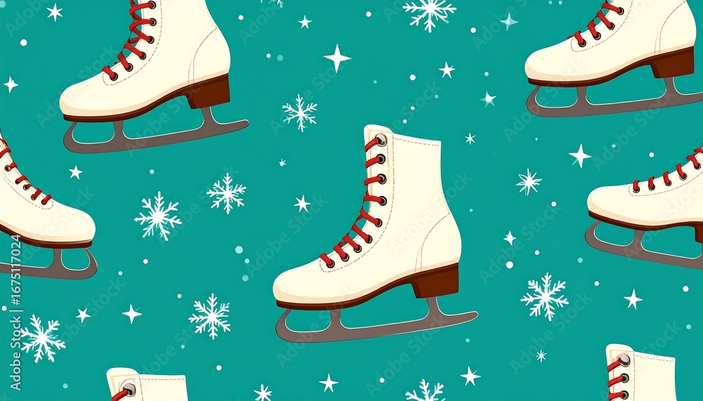 Charming winter scene featuring ice skates and delicate snowflakes pattern backdrop Charming winter scene featuring ice skates and delicate snowflakes pattern backdrop