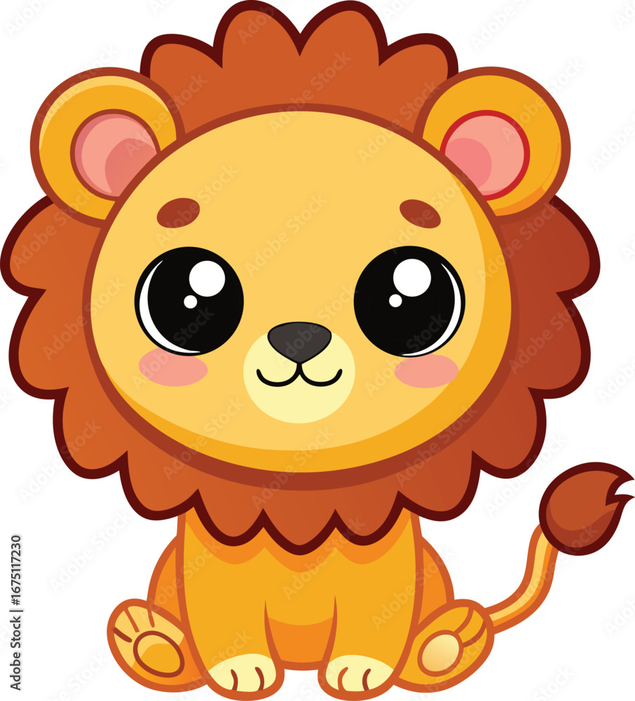 Obraz premium Cartoon Lion, Cute Cartoon Lion, Cute Cartoon Lion Vector Illustration, Adorable Baby Lion Cub Clipart, Kawaii Jungle Animal, Chibi Style.