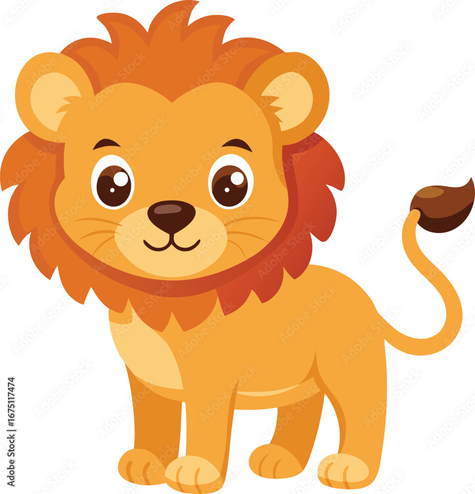 Obraz premium Cartoon Lion, Cute Cartoon Lion, Cute Cartoon Lion Vector Illustration, Adorable Baby Lion Cub Clipart, Kawaii Jungle Animal, Chibi Style.