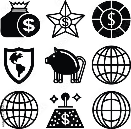 Collection of financial and business icons featuring money bag piggy bank star chip globes and shield for global business and investment themes