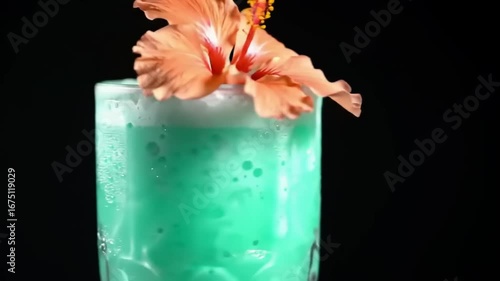 Turquoise beverage with hibiscus flower