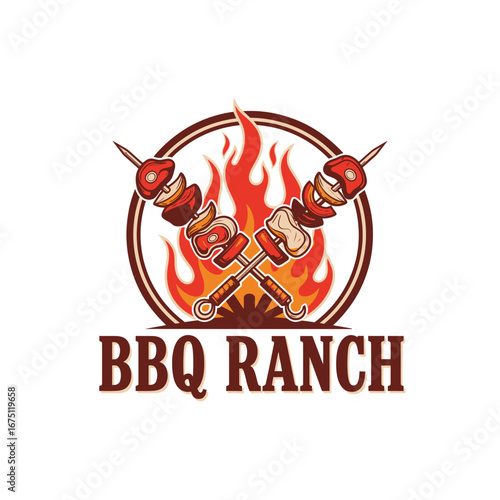 bbq ranch meat sauce barbecue food, logo design illustration
 