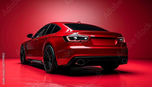 Sleek red sports sedan with black alloy wheels and illuminated taillights parked in studio against vibrant red backdrop—evoking speed, style, and modern luxury in a bold automotive composition.