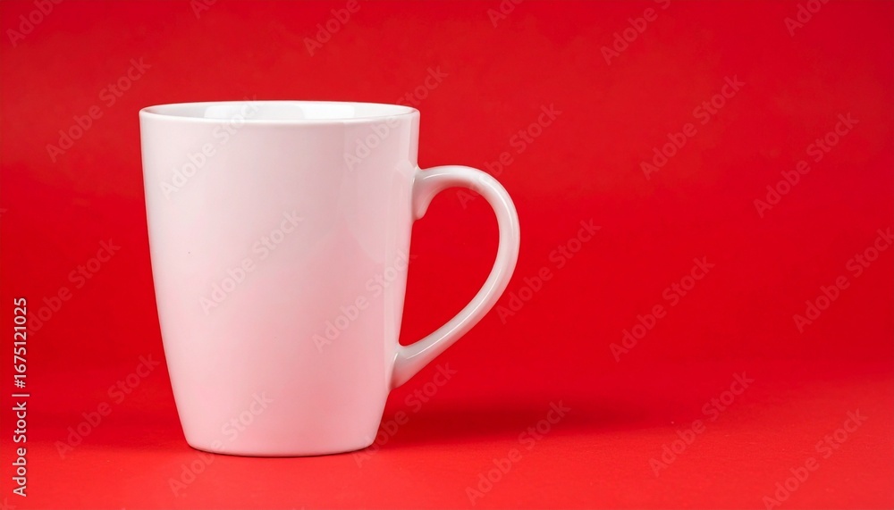 Obraz premium Plain white ceramic mug on vibrant red background. Smooth surface and soft shadow evoke minimalism, contrast, and product clarity—an elegant study in form and visual impact.