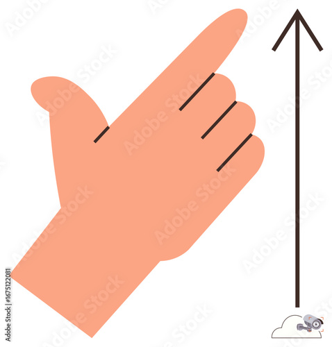 Open hand gesture pointing upward beside a vertical arrow extending into the sky with a cloud and gadget at its base. Ideal for progress, growth, success, direction, innovation, future, and ambition