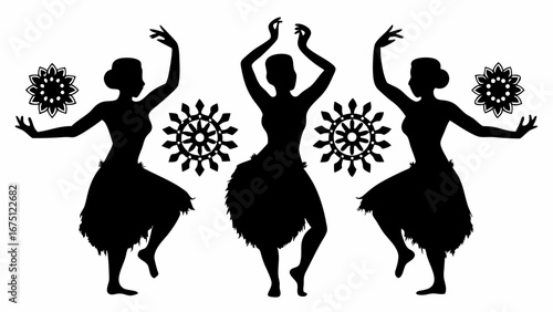 Three silhouette dancers in grass skirts with arms raised and floral decorations around them