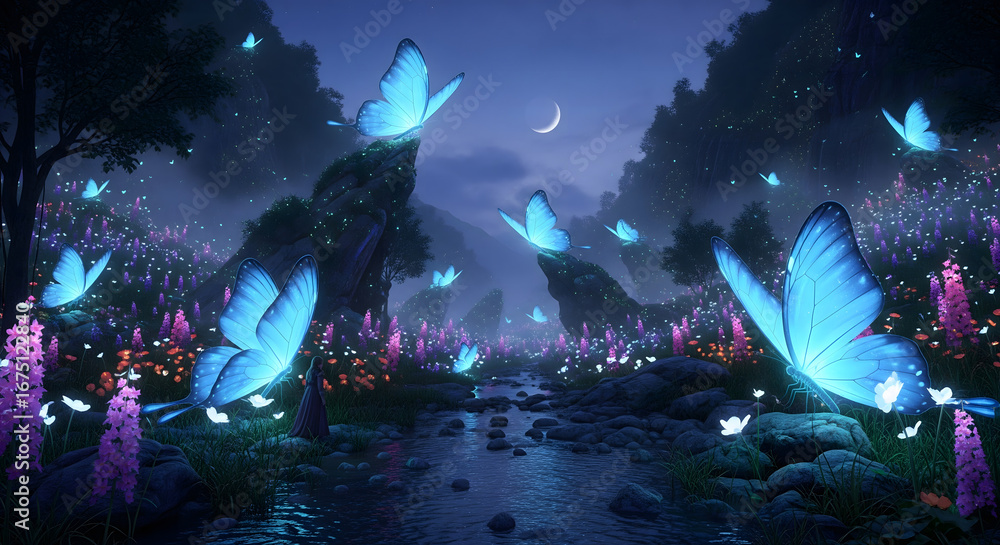 Obraz premium Enchanted forest at night with glowing blue butterflies and mystical lights