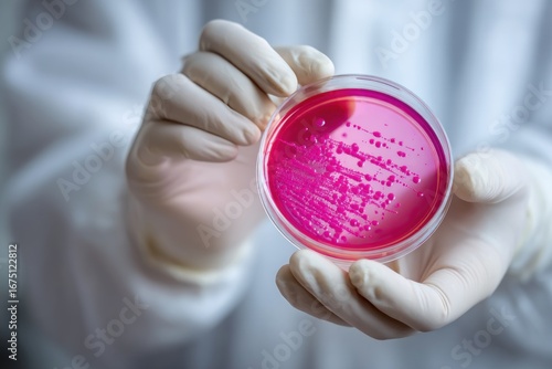 Petri dish with pink bacteria culture