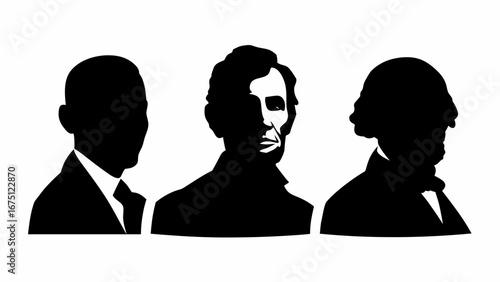 Silhouettes of three historical figures in suits with ties against a white background design view