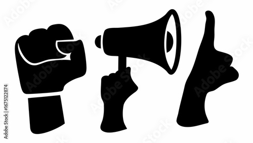 Illustration showing a raised fist, a hand holding a megaphone, and a hand giving a thumbs up gesture silhouette