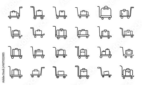 Travel and Adventure Outline Icons Set Camping, Hiking, Airplane Ticket, Credit Card, Globe, Map, Binoculars, Luggage, Camper Van, Mountains, Lighthouse, Ship, Cable Car, Campfire, Selfie Stick, Wea