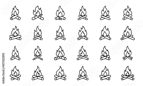 Travel and Adventure Outline Icons Set Camping, Hiking, Airplane Ticket, Credit Card, Globe, Map, Binoculars, Luggage, Camper Van, Mountains, Lighthouse, Ship, Cable Car, Campfire, Selfie Stick, Wea