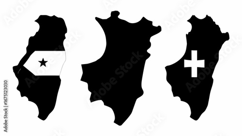 Three black and white map outlines with flag symbols on a white background illustration design silhouette
