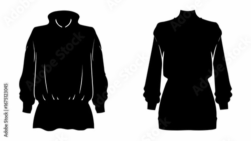 Two black silhouettes of long sleeved tops with different necklines and waistlines on a white background