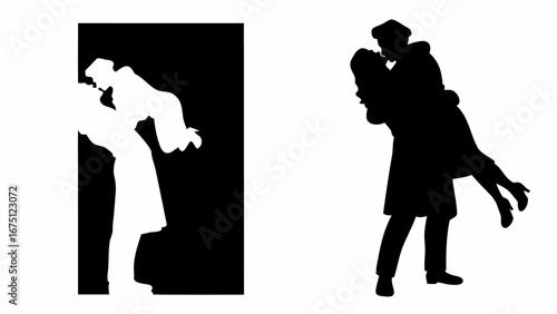 Silhouette of a couple in love with one side inverted in black and white for artistic representation