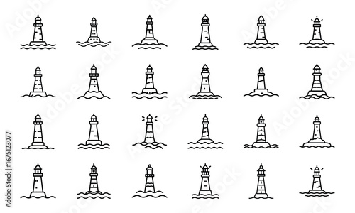 Travel and Adventure Outline Icons Set Camping, Hiking, Airplane Ticket, Credit Card, Globe, Map, Binoculars, Luggage, Camper Van, Mountains, Lighthouse, Ship, Cable Car, Campfire, Selfie Stick, Wea