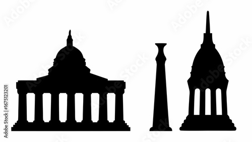 Silhouette depiction of the us capitol building and washington monument against a white background space