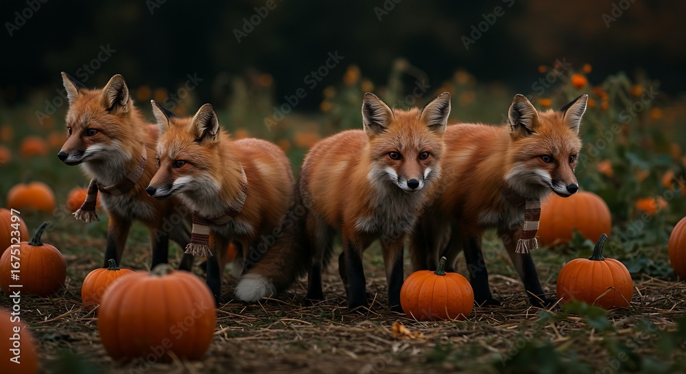 Fototapeta premium 4 cunning foxes, reddish-brown, sleek, side by side, front view, tiny scarves, tiny pumpkins, wandering through a pumpkin patch at dusk, mysterious, enchanting, digital illustration