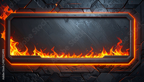 Glowing flames outlining edges of metallic dark stone background, clean composition with fiery border and dramatic lighting, modern industrial style