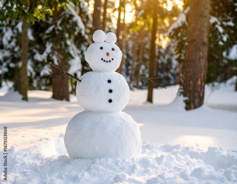 Obraz premium Snowman in snowy winter forest at sunset