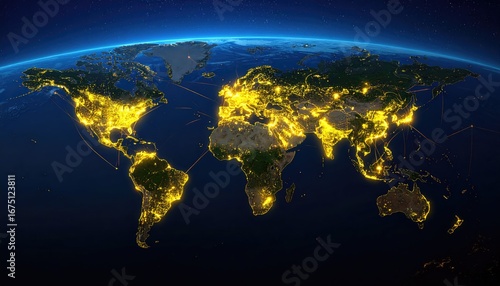 Global Illuminated Network: An impressive view of Earth at night, illuminated by the shimmering lights of cities and human settlements.