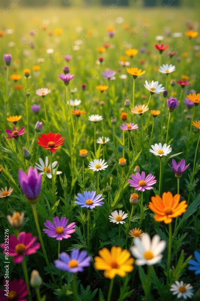 Vibrant wildflowers carpet a sunlit meadow, aerial view, field, day