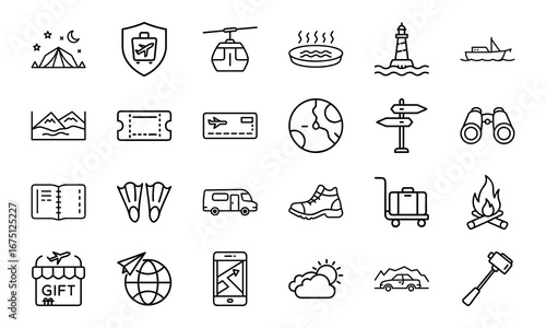 Travel and Adventure Outline Icons Set Camping, Hiking, Airplane Ticket, Credit Card, Globe, Map, Binoculars, Luggage, Camper Van, Mountains, Lighthouse, Ship, Cable Car, Campfire, Selfie Stick, Wea