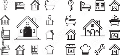 Real Estate Outline Icon Set. Containing realty, home loan and mortgage. Vector illustration. Editable stroke.